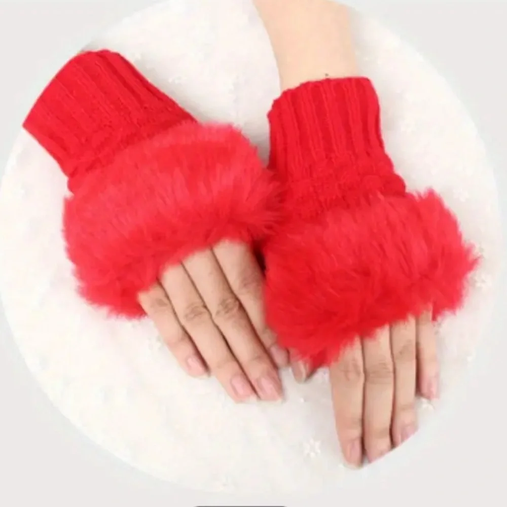 Red Short Plush Knit Gloves, Thick Warm Fingerless Gloves, Autumn